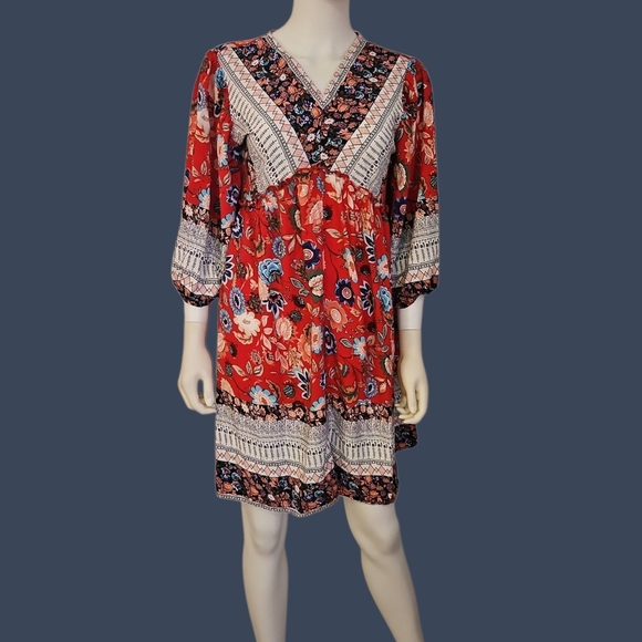 BTFBM Red Floral V-Neck Puff Sleeve Summer Dress - Picture 1 of 11